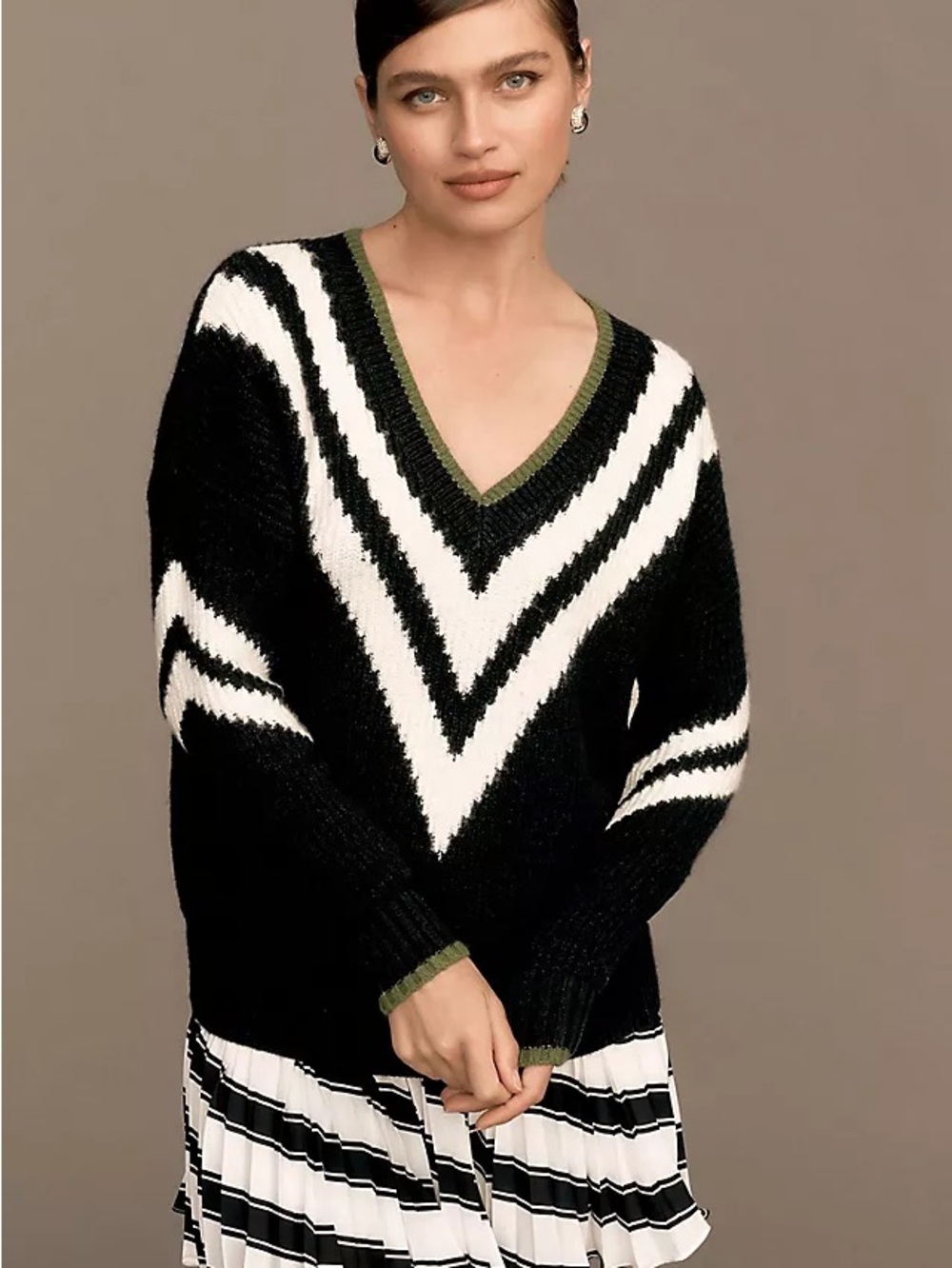 Maeve - Anthropologie V-Neck Black & White Chevron Knit Sweater with Olive Trim